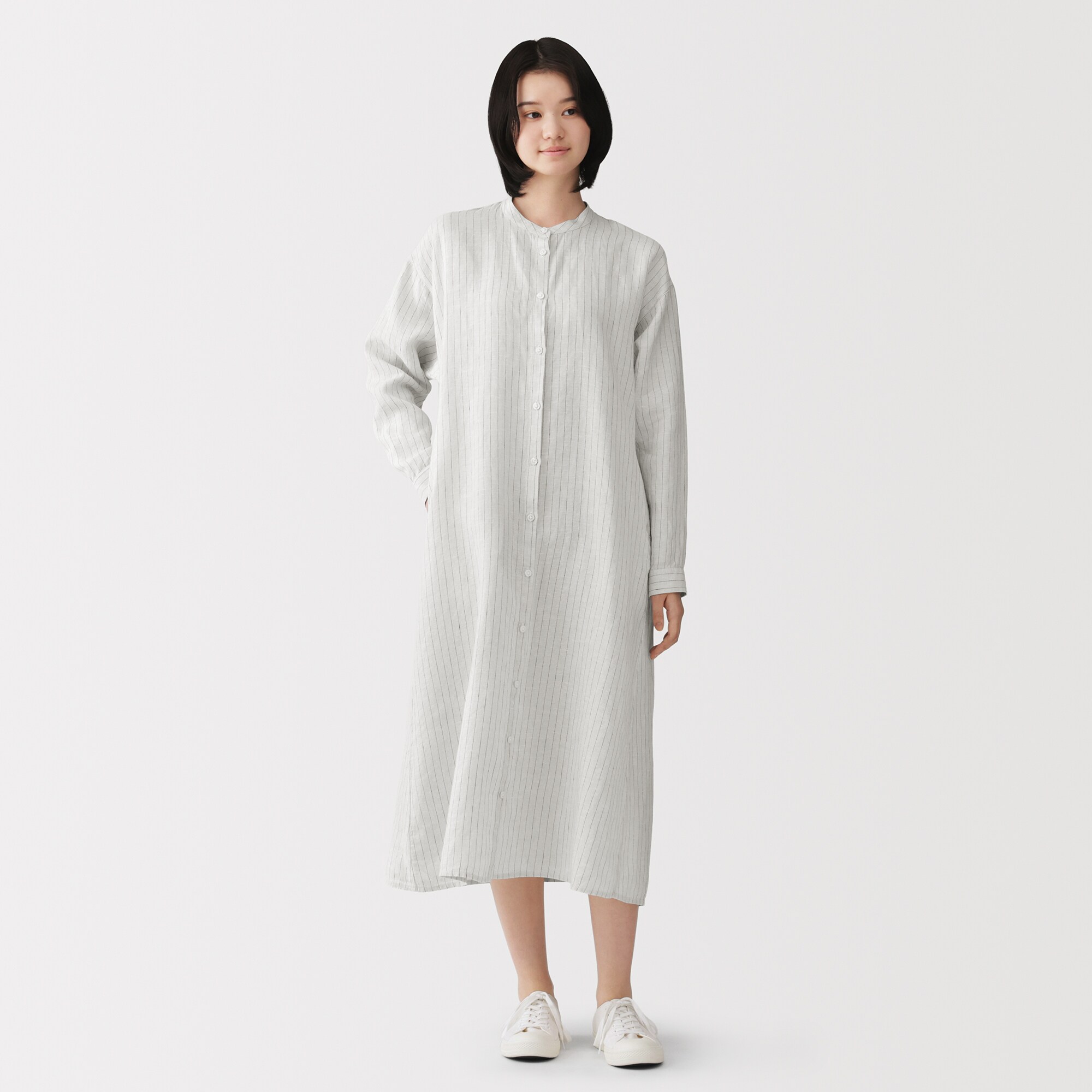 婦人　リネン　洗いざらし　長袖シャツワンピース