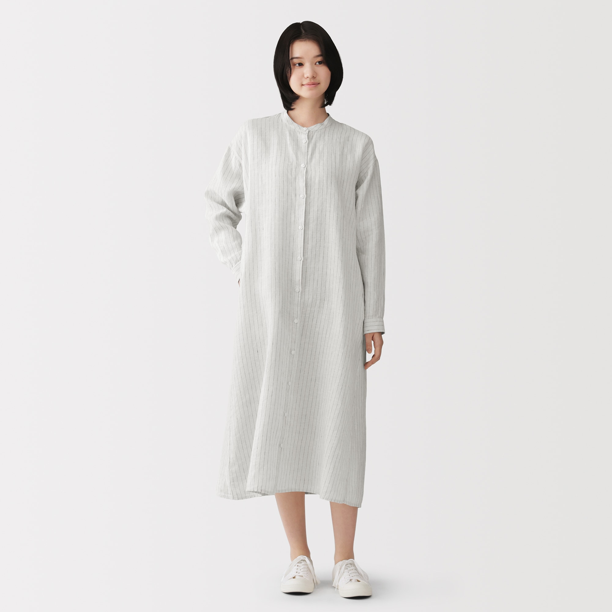 婦人　リネン　洗いざらし　長袖シャツワンピース