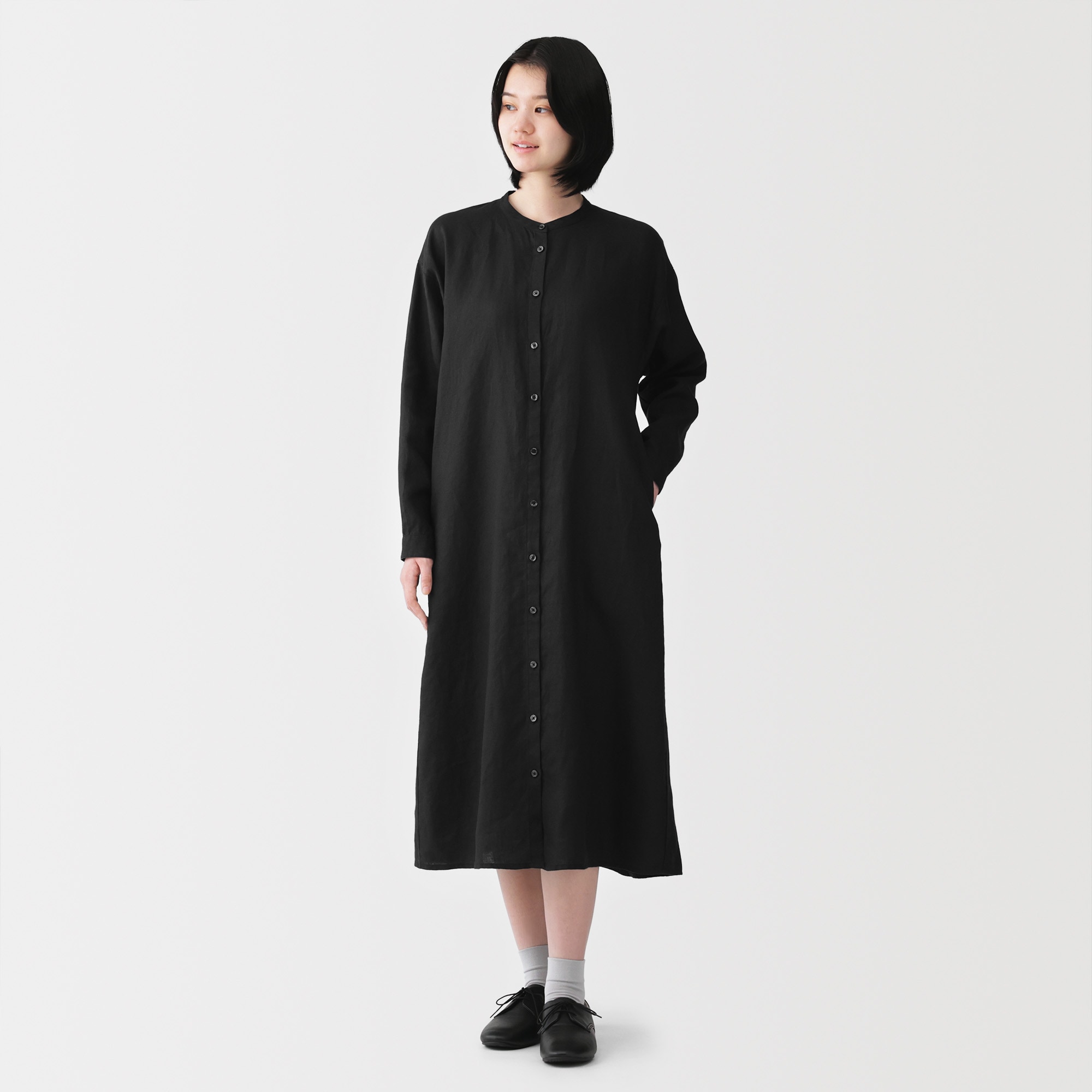 女裝 リネン 洗いざらし 長袖襯衫洋裝