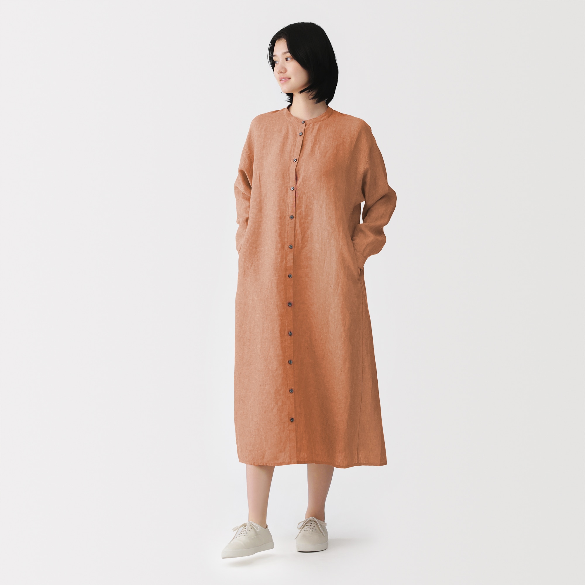 婦人　リネン　洗いざらし　長袖シャツワンピース