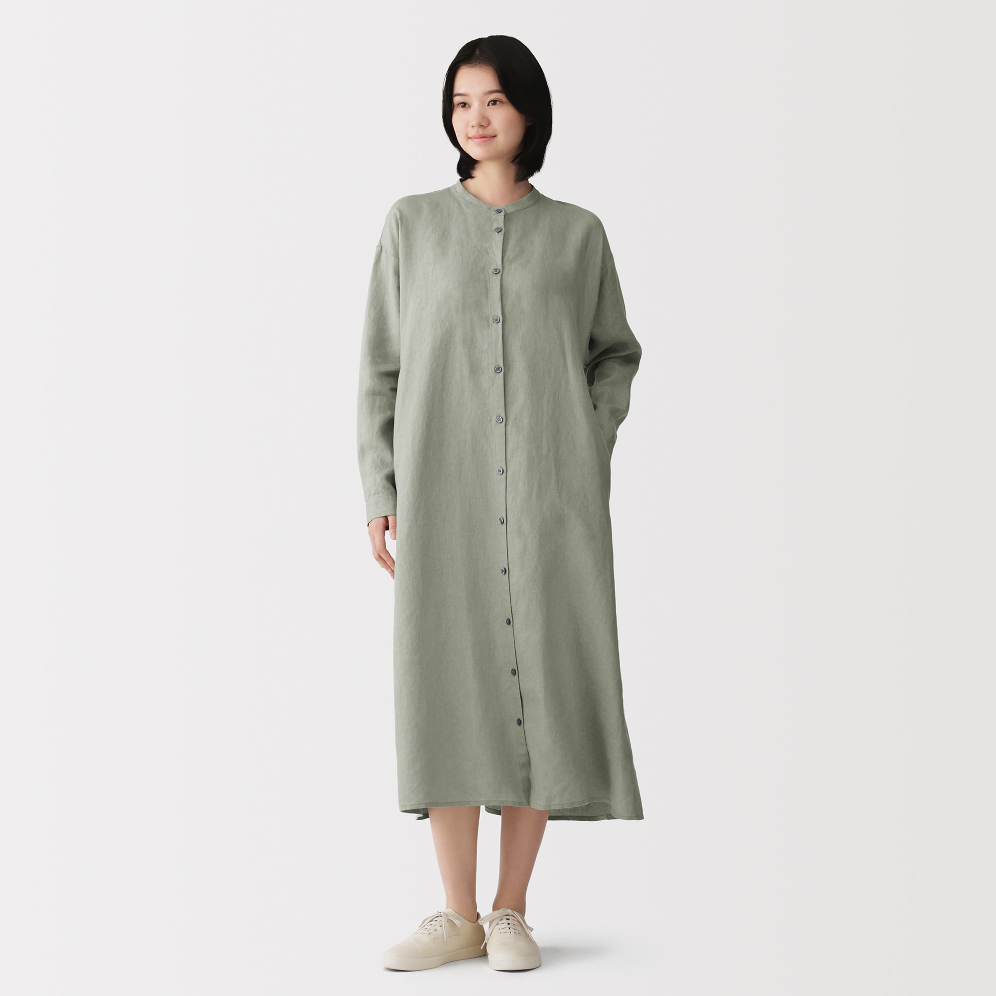婦人　リネン　洗いざらし　長袖シャツワンピース