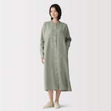 婦人　リネン　洗いざらし　長袖シャツワンピース