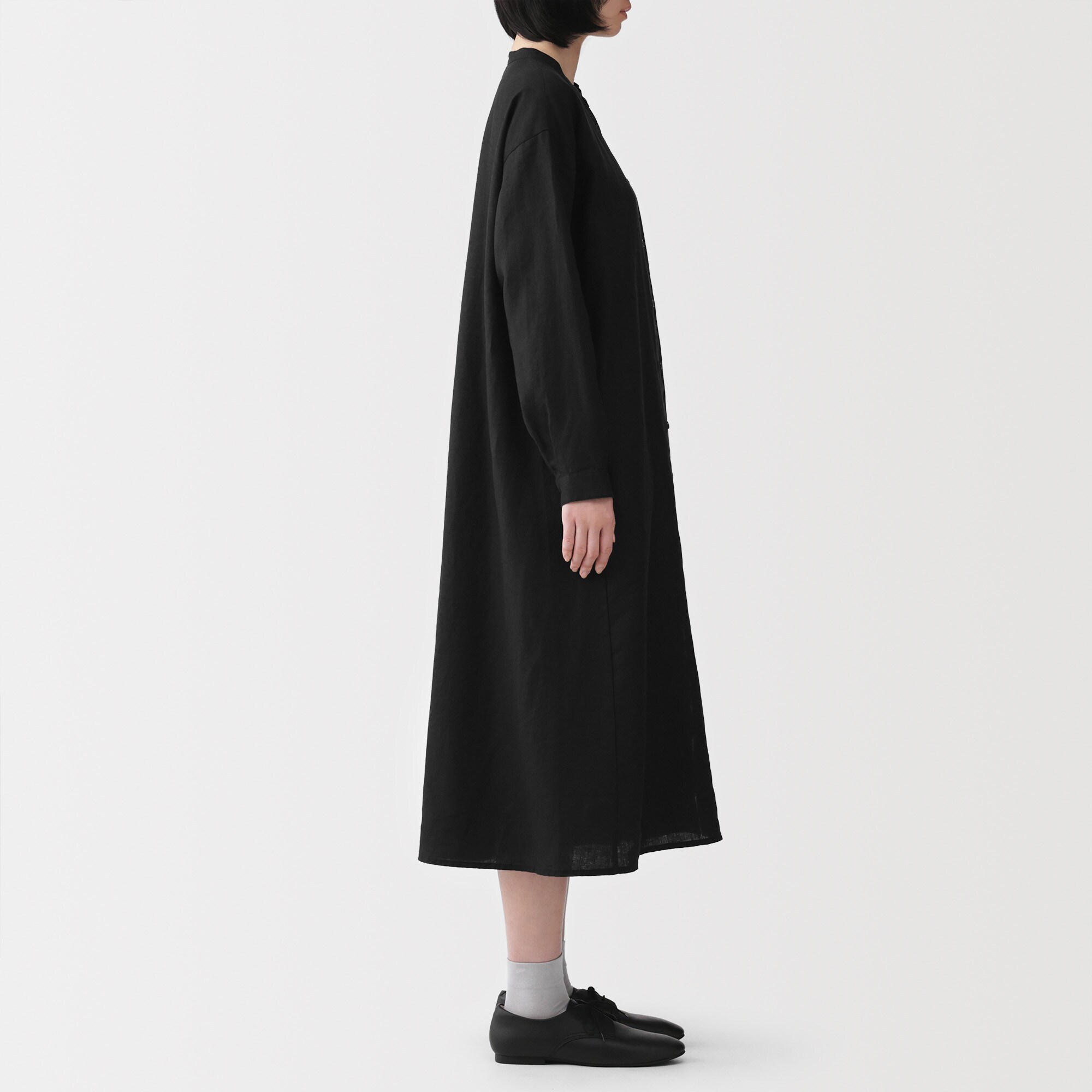 婦人　リネン　洗いざらし　長袖シャツワンピース