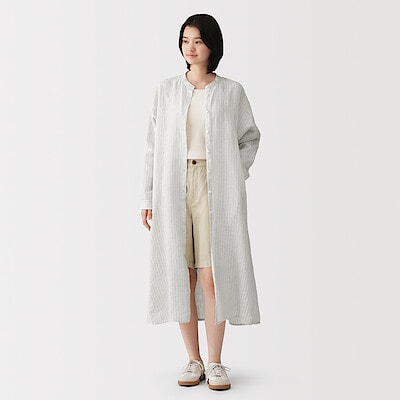 婦人　リネン　洗いざらし　長袖シャツワンピース