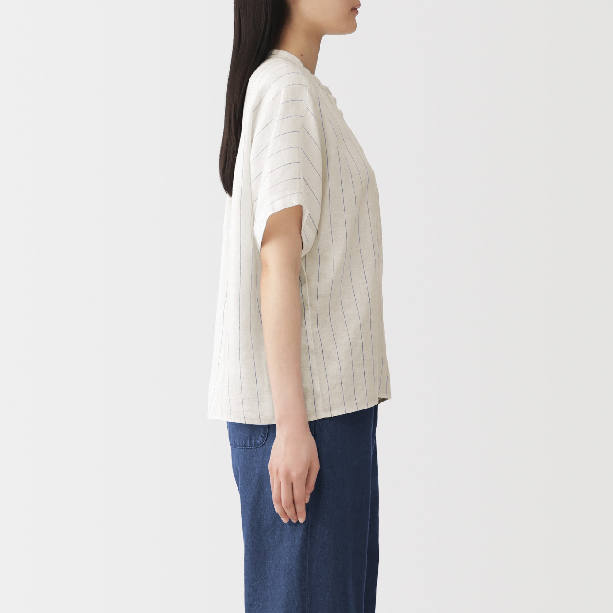 ヤンマ産業　リネン襟なし半袖ブラウス（ナチュラル） 再入荷】YAMMA ヤンマ リネンスタンドカラーシャツ 半袖 LSC-SH-SD 11