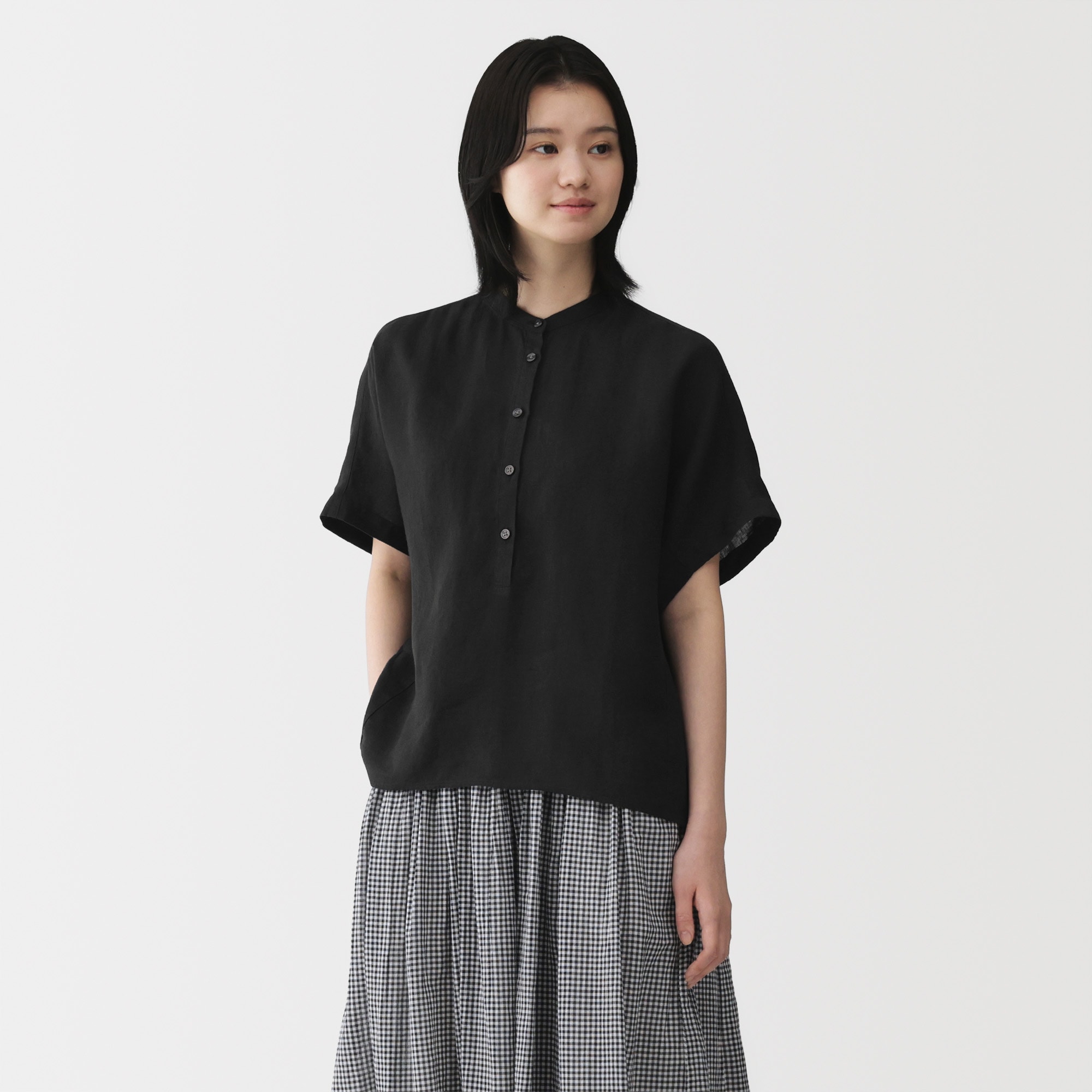 婦人　リネン　洗いざらし　半袖ブラウス