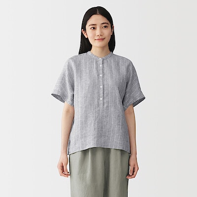 婦人　リネン　洗いざらし　半袖ブラウス