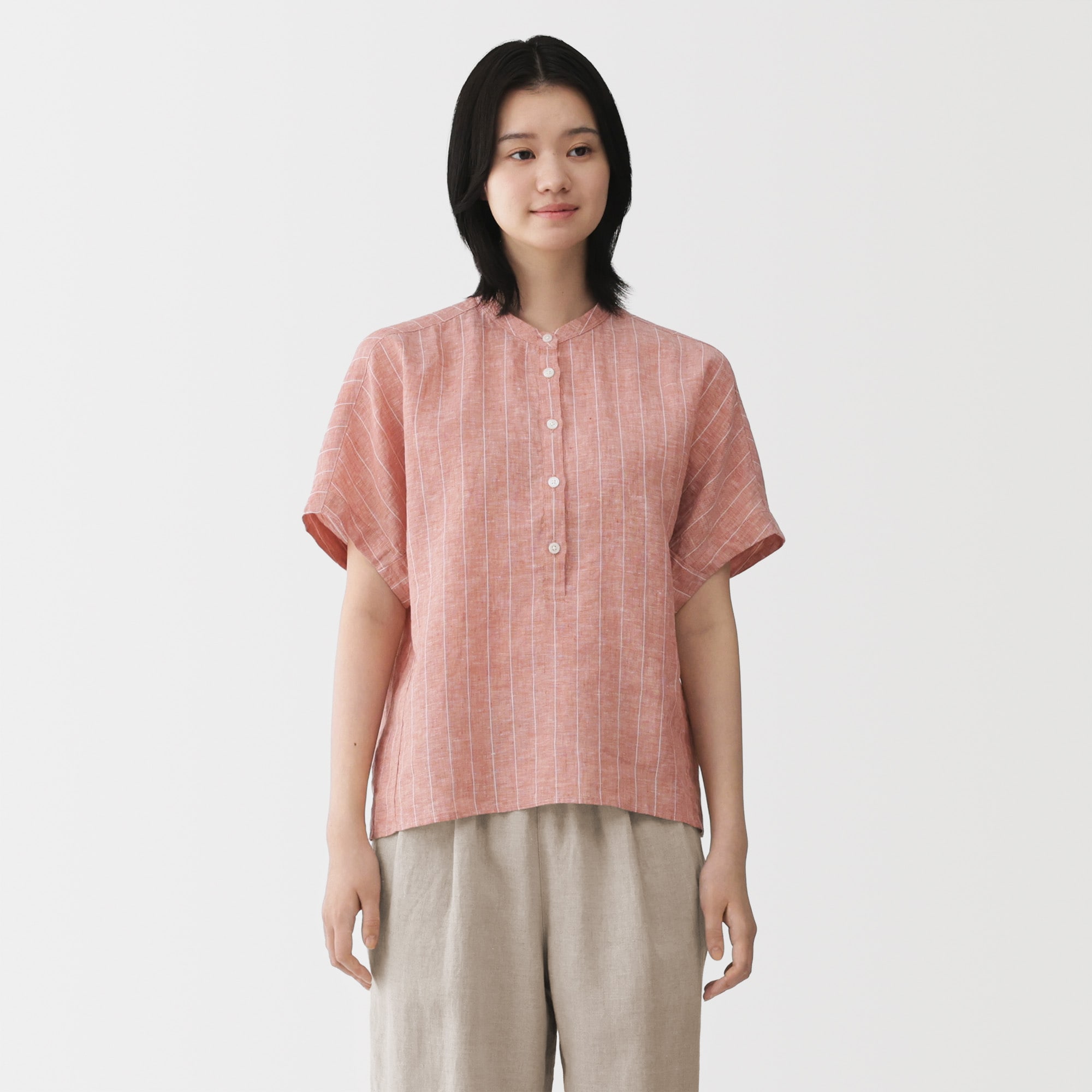 婦人　リネン　洗いざらし　半袖ブラウス
