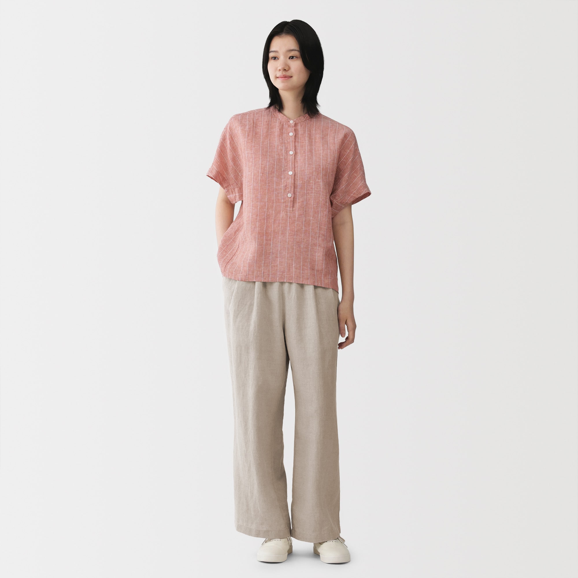 婦人　リネン　洗いざらし　半袖ブラウス