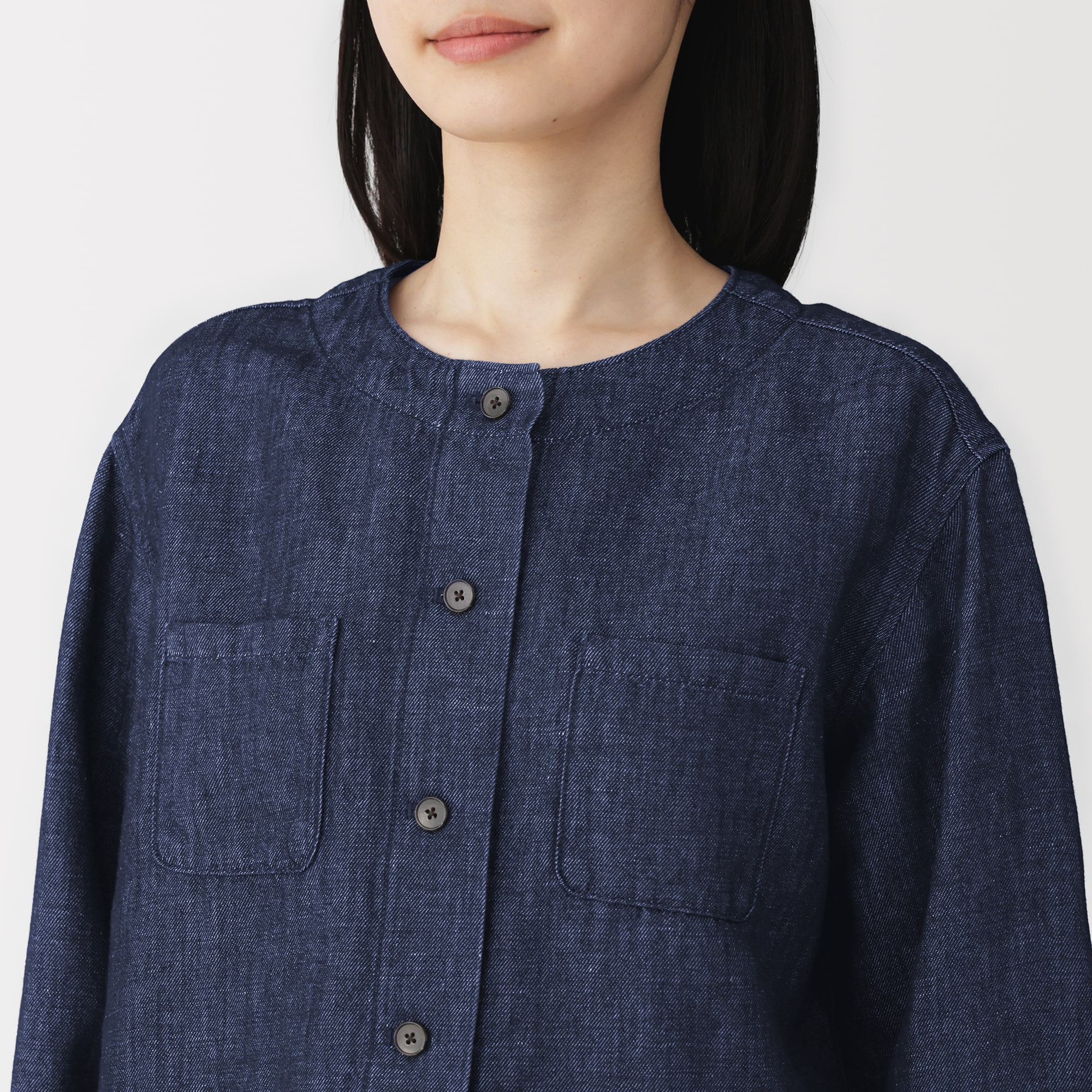 婦人　ヘンプ混　デニム　九分袖シャツ