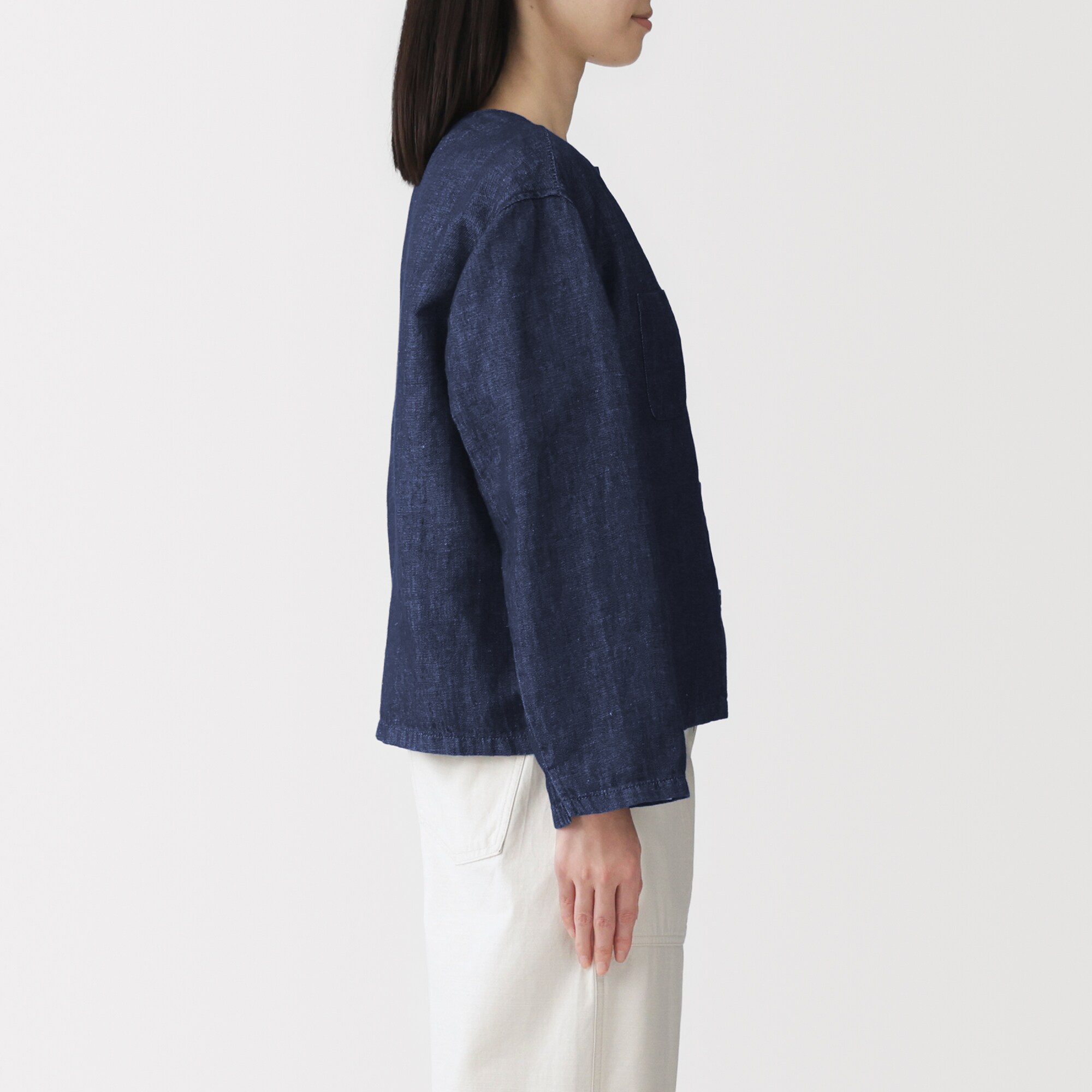 婦人　ヘンプ混　デニム　九分袖シャツ
