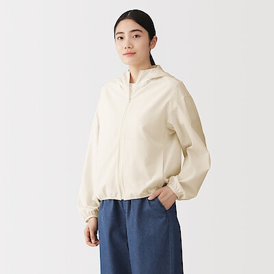 婦人　風を通すストレッチサッカー　ＵＶカット　フルジップパーカ