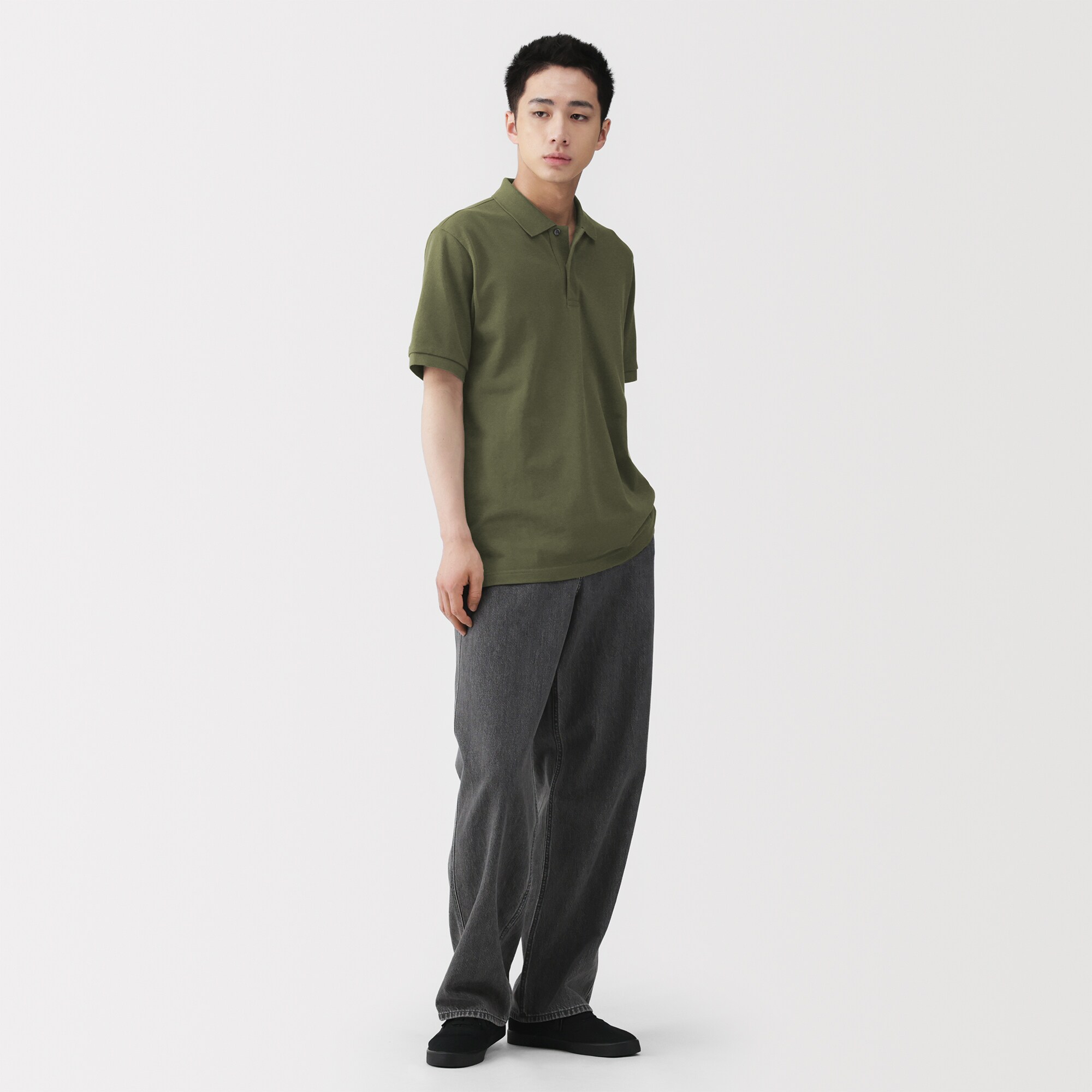 紳士　洗いざらし鹿の子編み半袖ポロシャツ