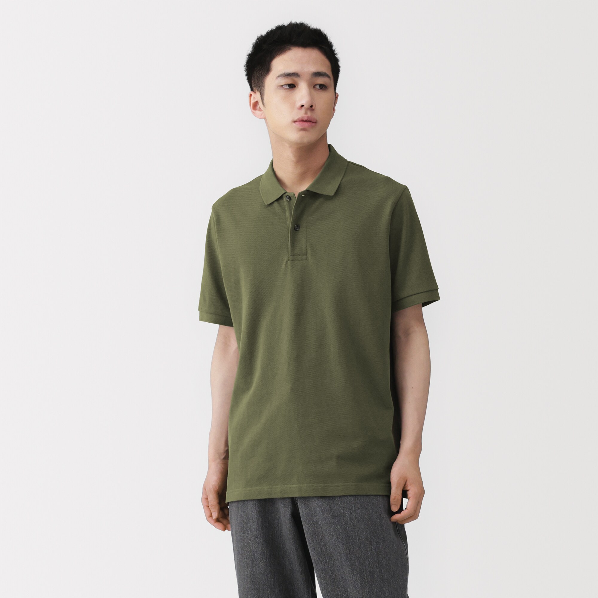 紳士　洗いざらし鹿の子編み半袖ポロシャツ