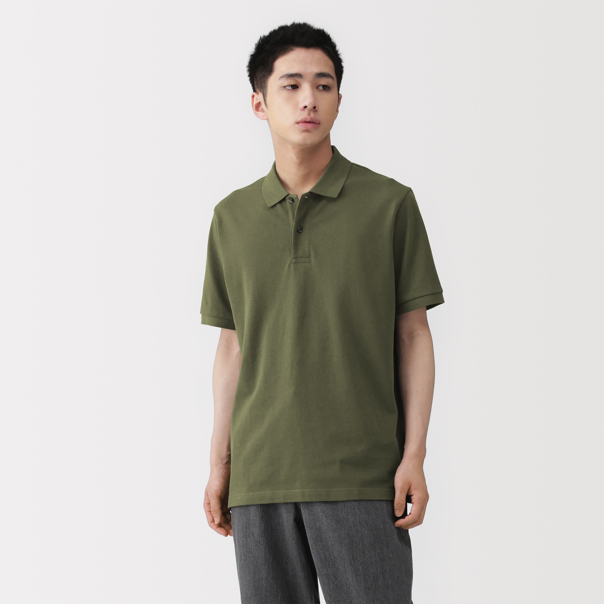 紳士　洗いざらし鹿の子編み半袖ポロシャツ