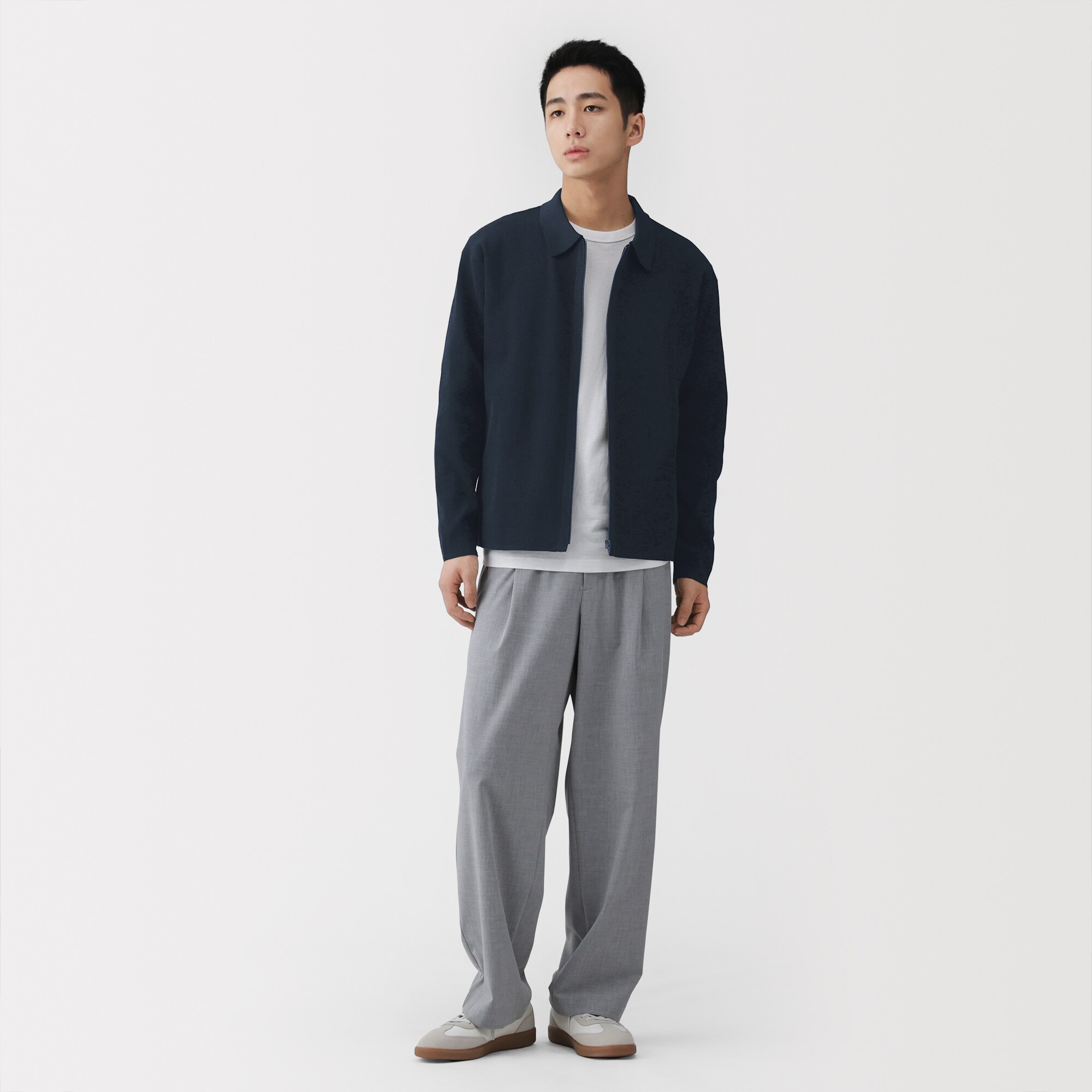 紳士　乾きやすい洗えるリブ編みニットブルゾン