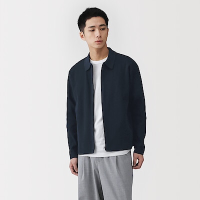 紳士　乾きやすい洗えるリブ編みニットブルゾン