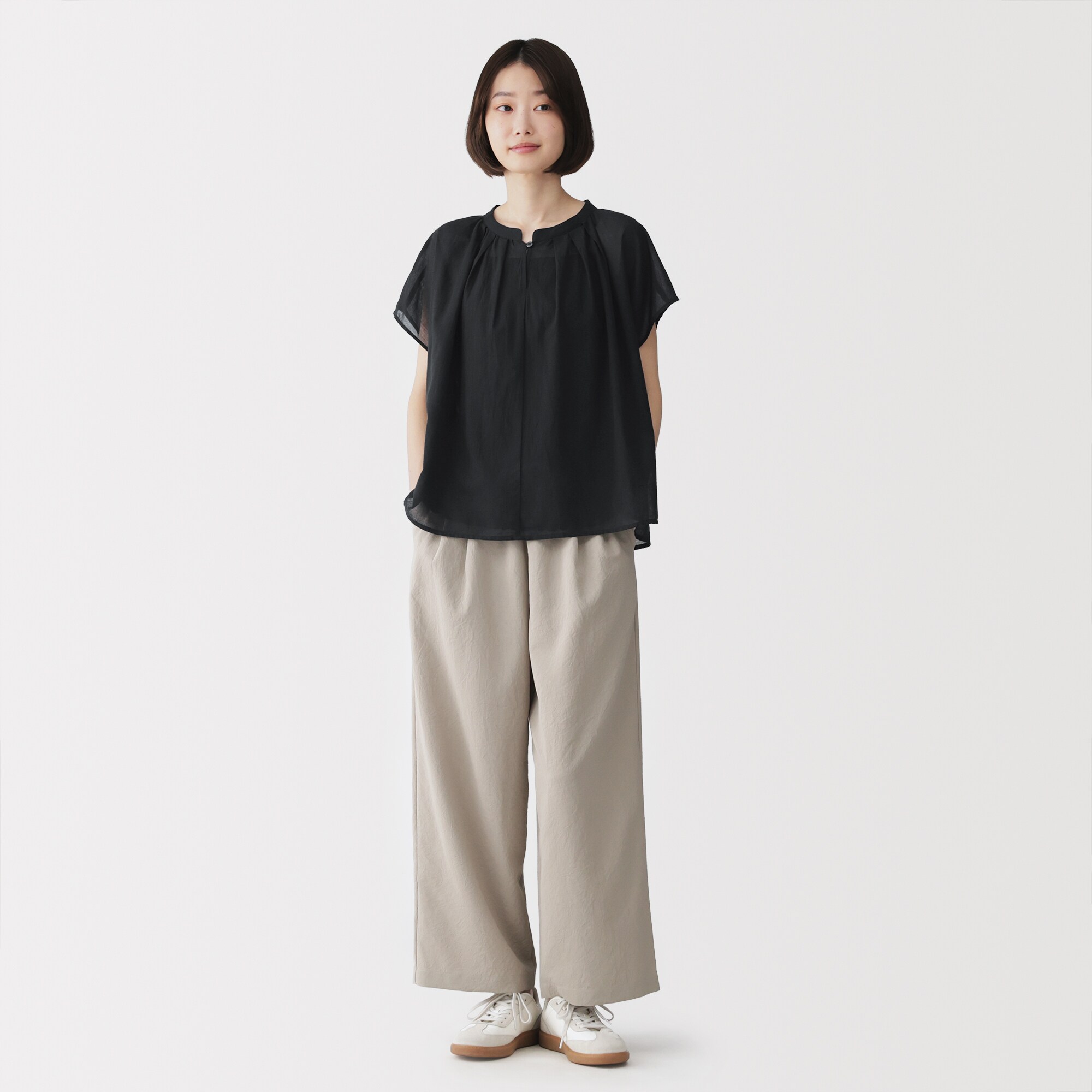 婦人　強撚　シアーフレンチスリーブブラウス