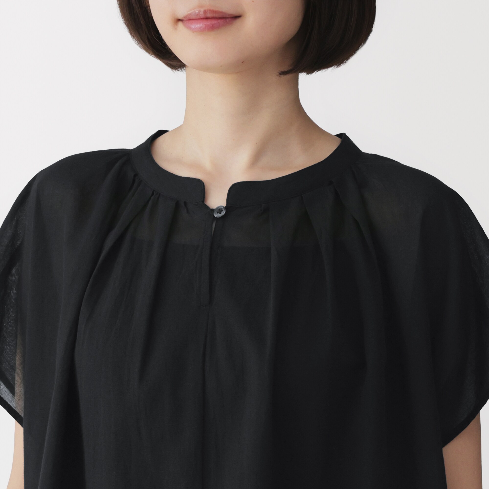 婦人　強撚　シアーフレンチスリーブブラウス