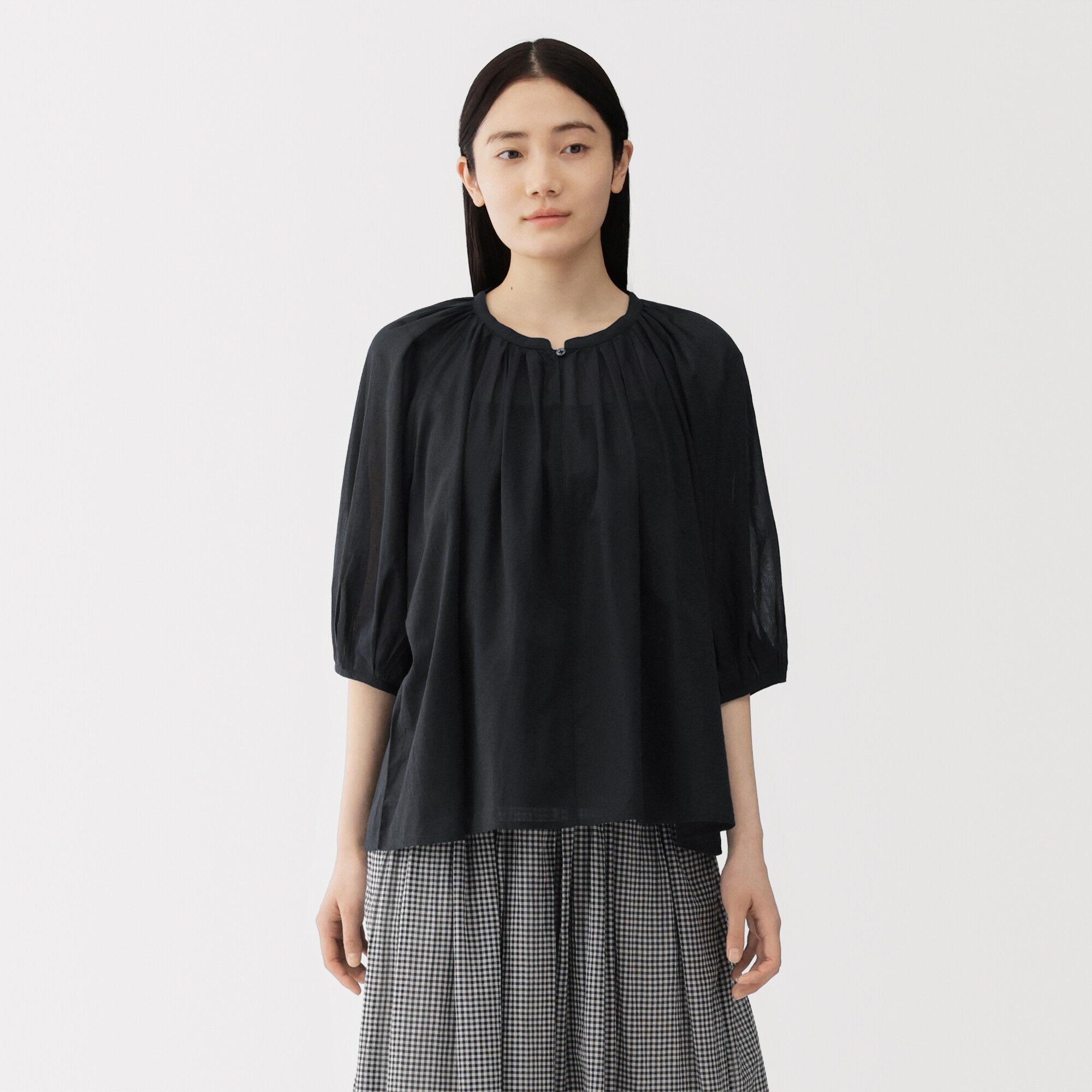 婦人　強撚　シアー半袖ブラウス