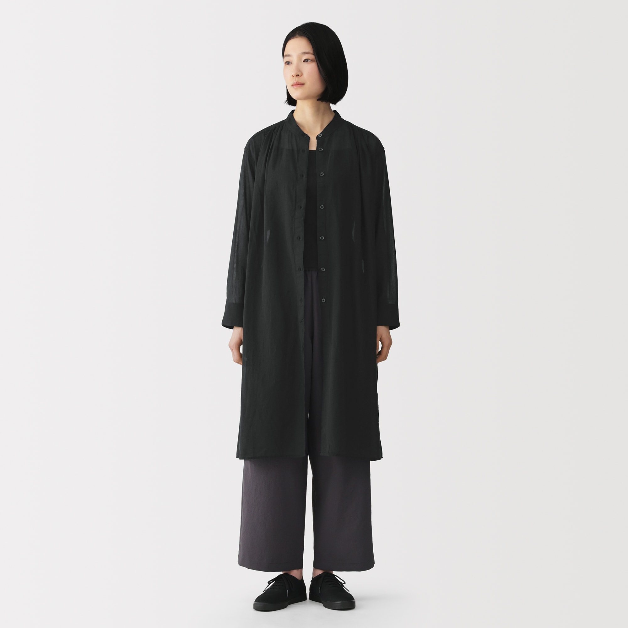 婦人　強撚　シアー長袖シャツワンピース