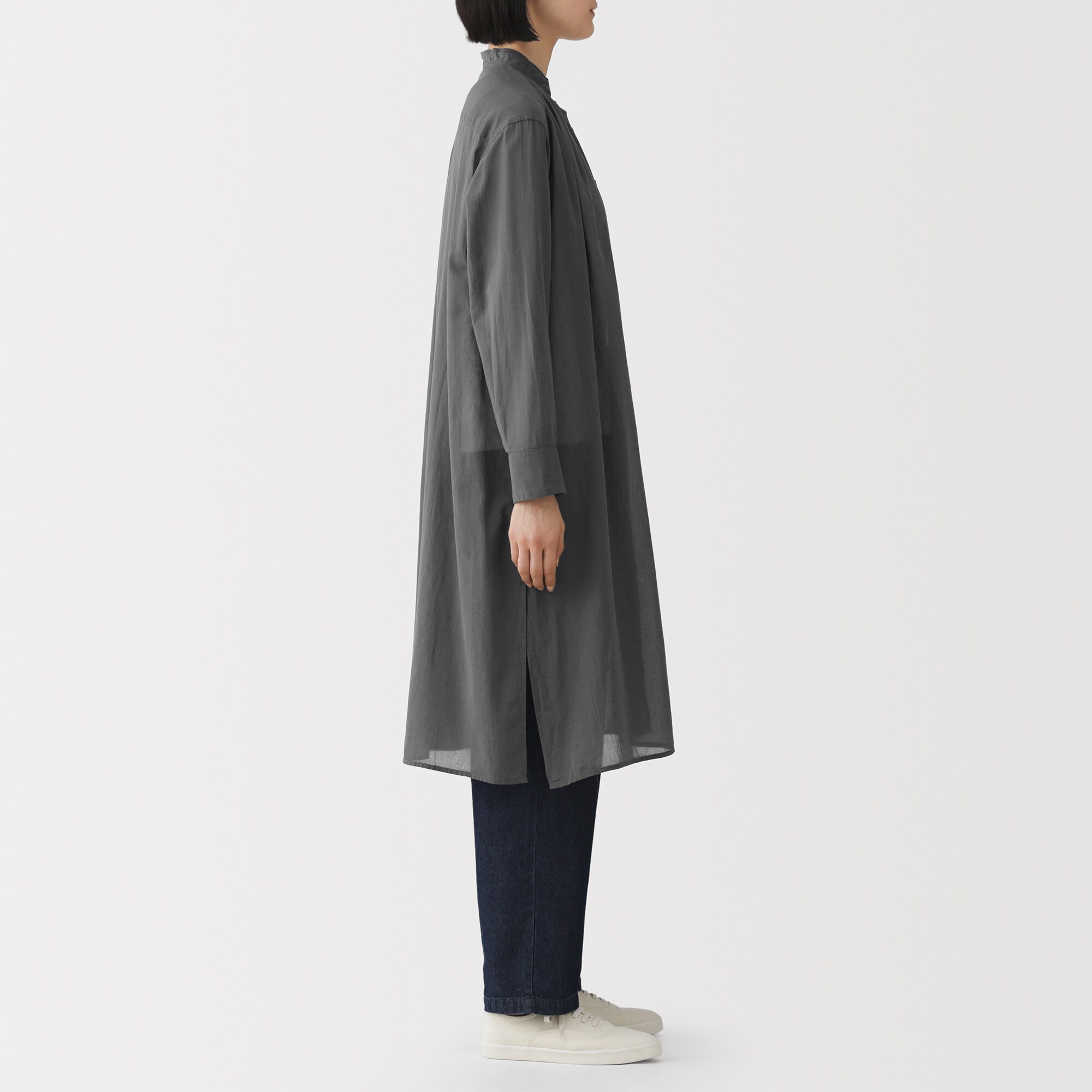 婦人　強撚　シアー長袖シャツワンピース