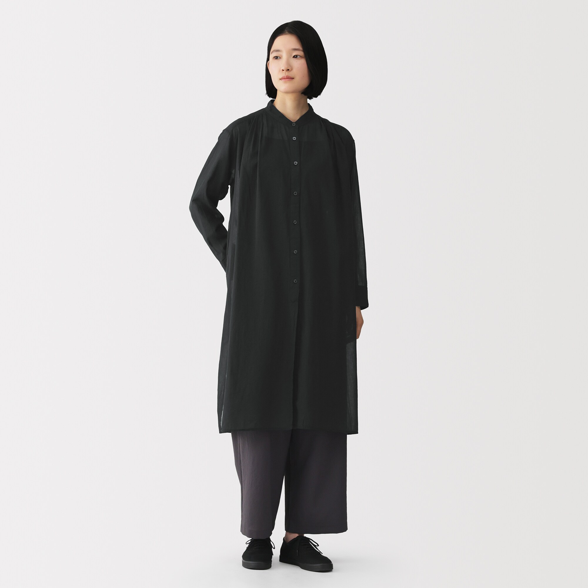 婦人　強撚　シアー長袖シャツワンピース