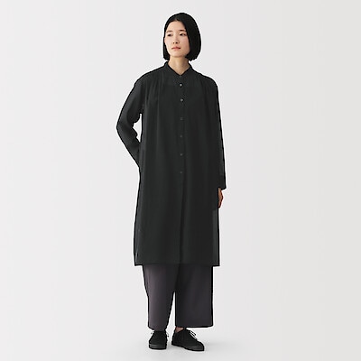 婦人　強撚　シアー長袖シャツワンピース