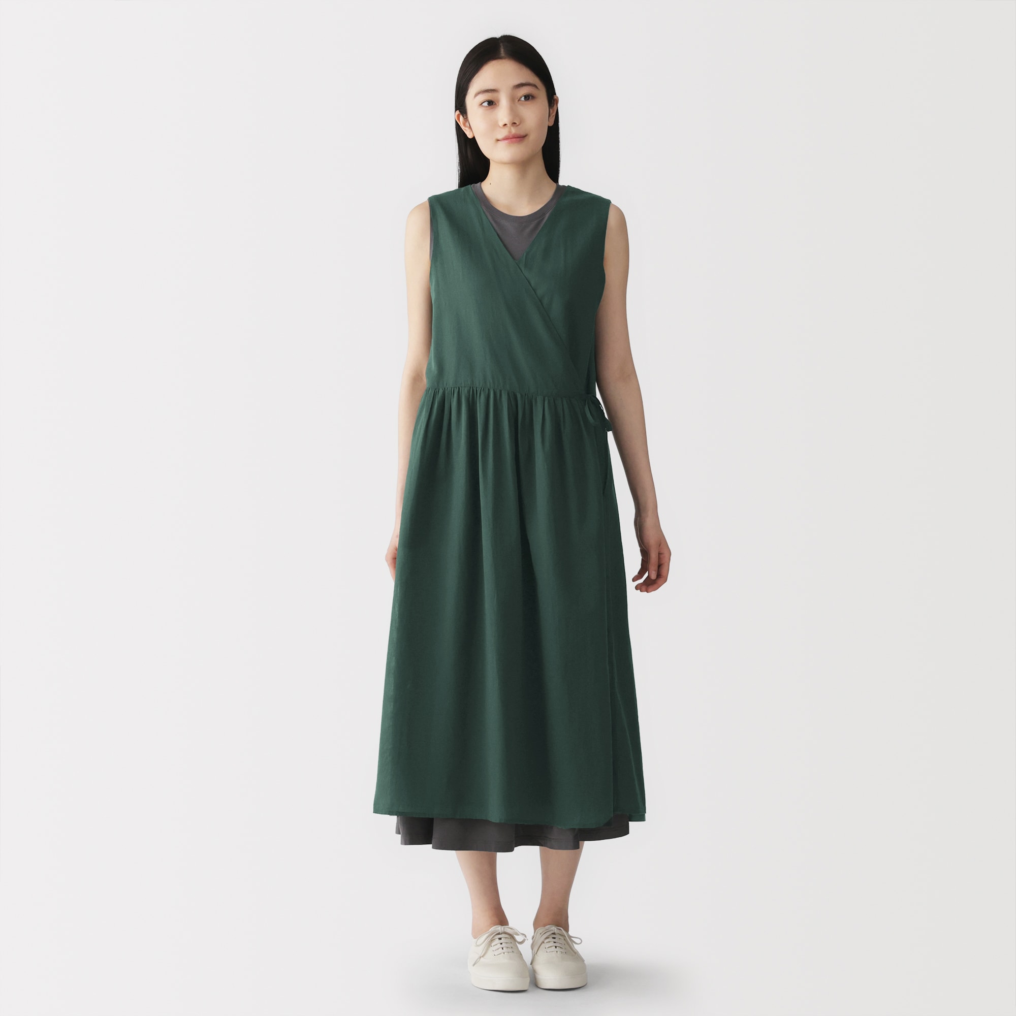 美品　ケイミー　襟なしカシュクールワンピース　カーキ　洗える 婦人 強撚 シアーカシュクールワンピース | 無印良品