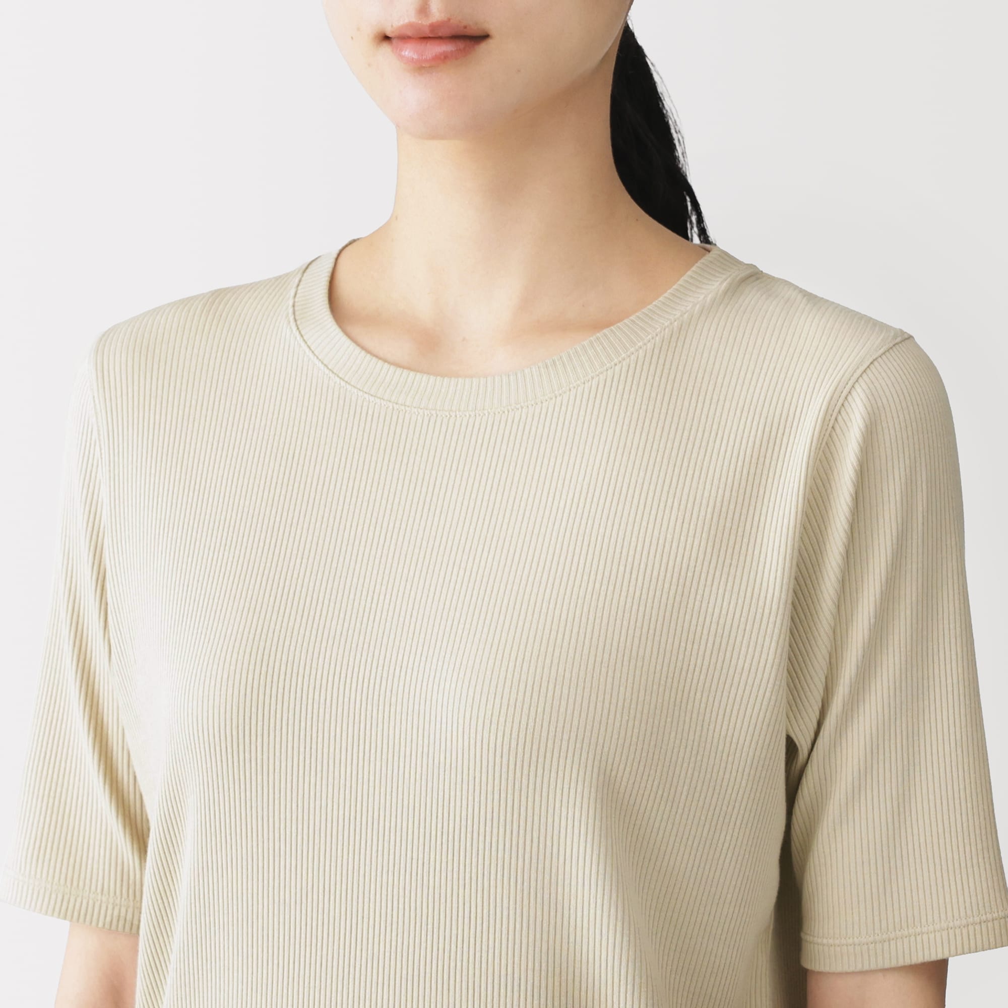 婦人 なめらかリブ編みクルーネック五分袖Tシャツ | 無印良品
