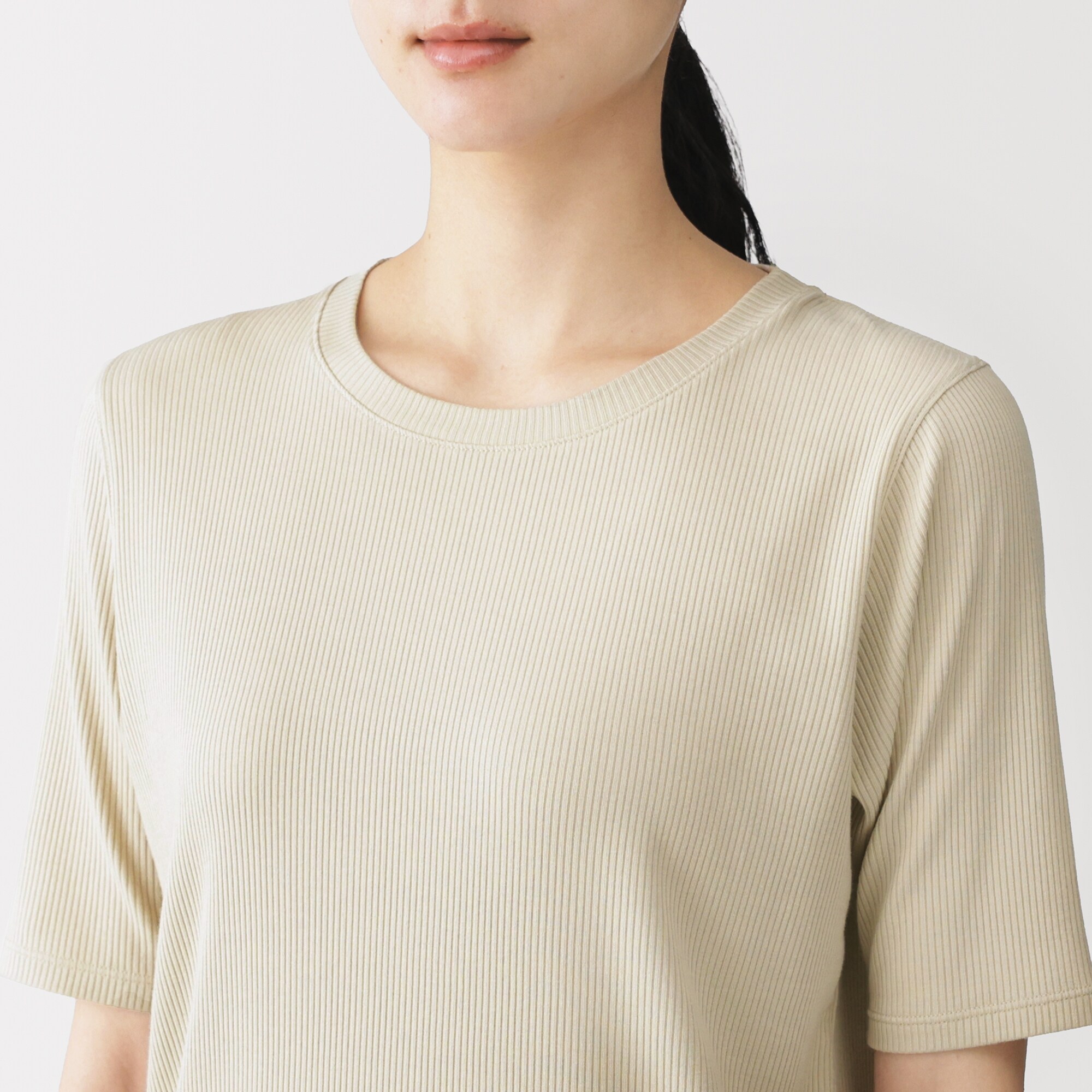 婦人 なめらかリブ編みクルーネック五分袖Tシャツ | 無印良品