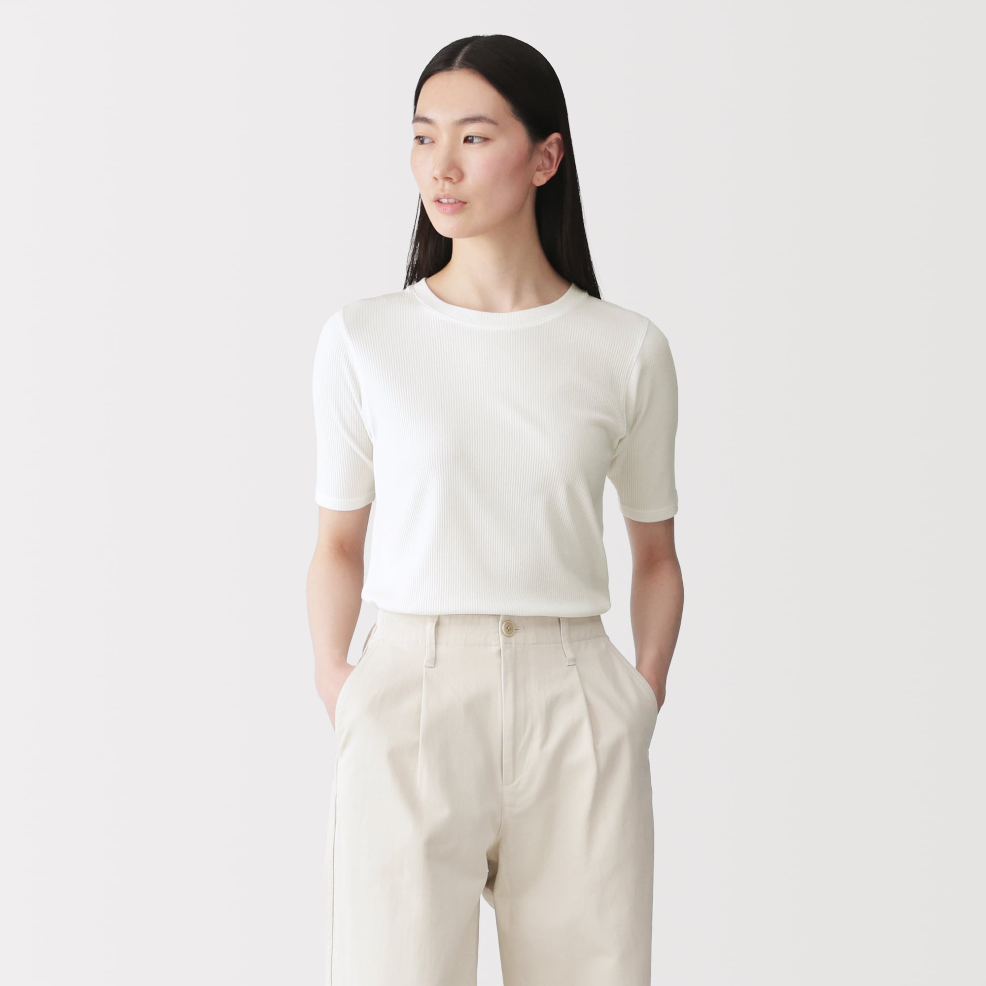 婦人 なめらかリブ編みクルーネック五分袖Tシャツ | 無印良品