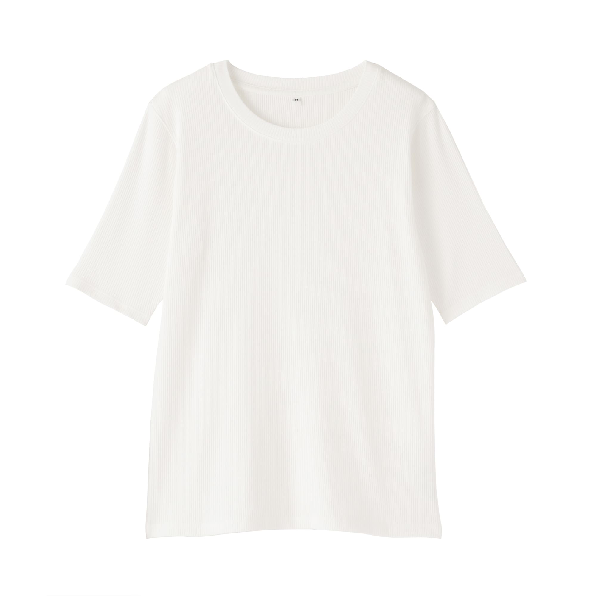 婦人　なめらかリブ編みクルーネック五分袖Ｔシャツ