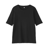 婦人　なめらかリブ編みクルーネック五分袖Ｔシャツ
