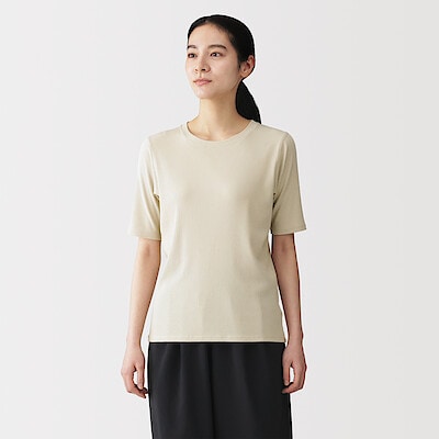 婦人　なめらかリブ編みクルーネック五分袖Ｔシャツ