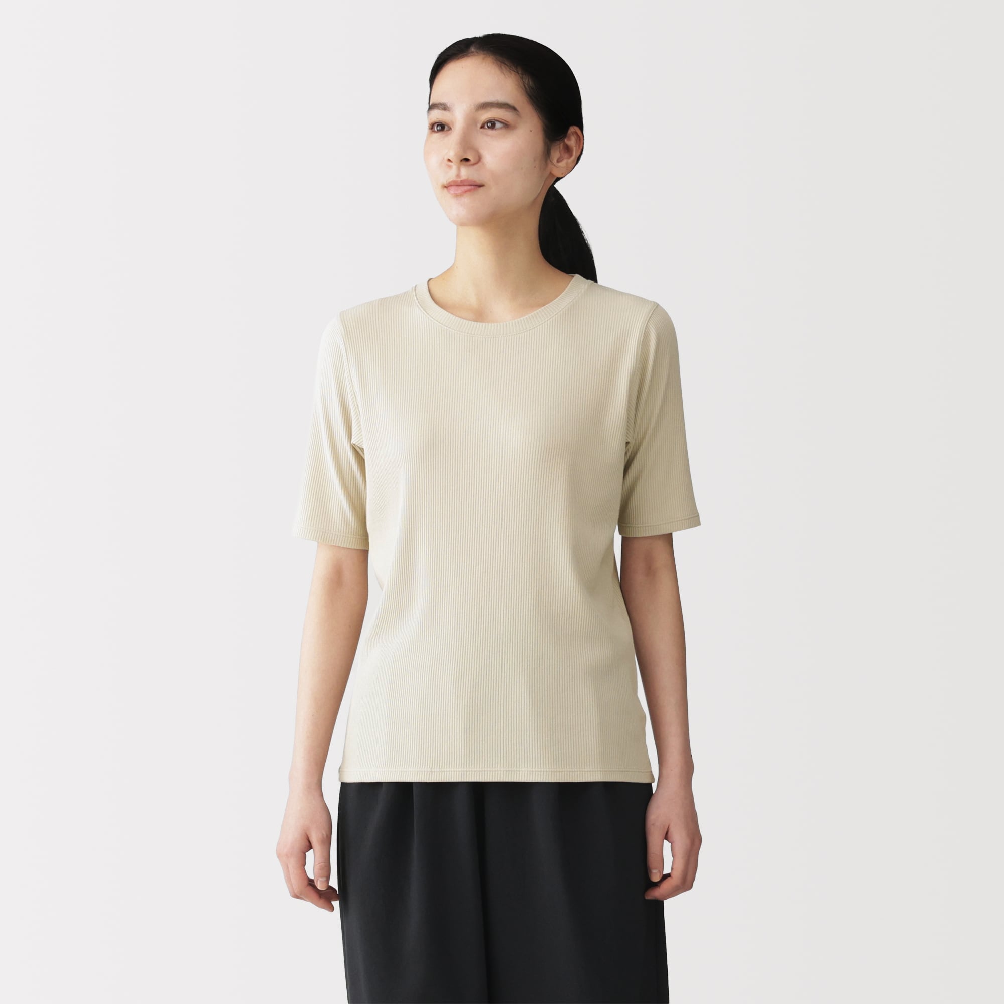 婦人 なめらかリブ編みクルーネック五分袖Tシャツ | 無印良品