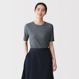 婦人　なめらかリブ編みクルーネック五分袖Ｔシャツ