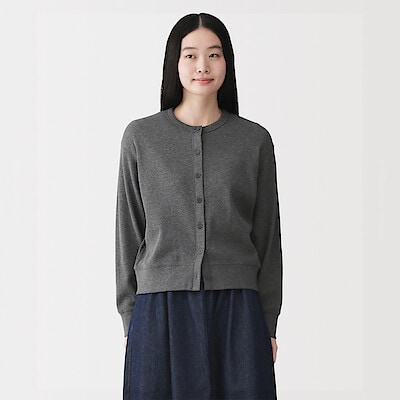 婦人　ワッフル編みクルーネック長袖カーディガン