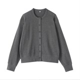 婦人　ワッフル編みクルーネック長袖カーディガン