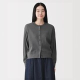 婦人　ワッフル編みクルーネック長袖カーディガン