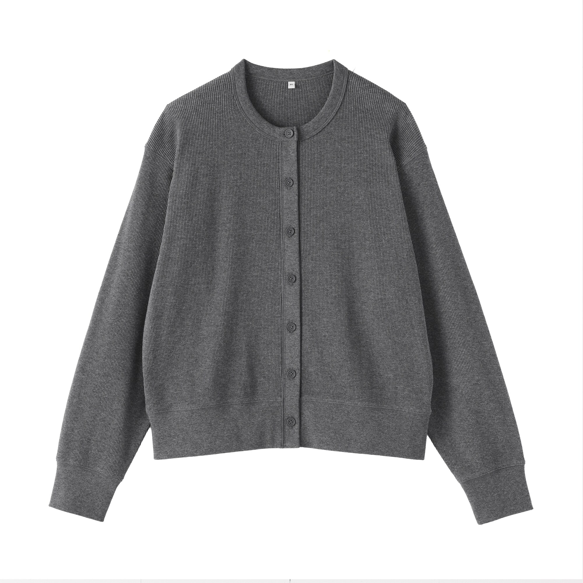 婦人　ワッフル編みクルーネック長袖カーディガン