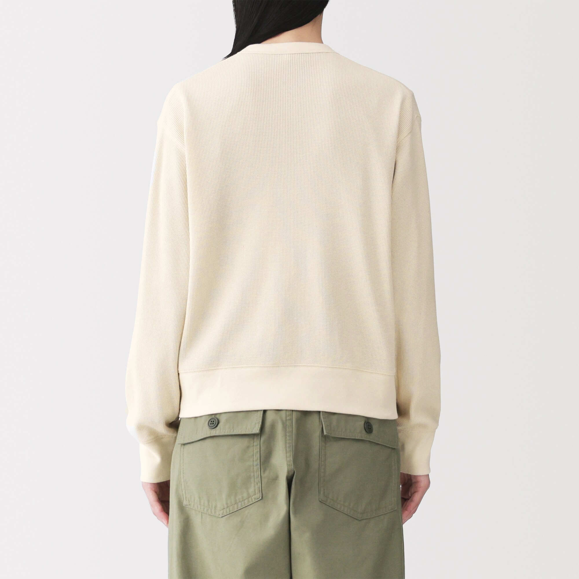 婦人　ワッフル編みクルーネック長袖カーディガン