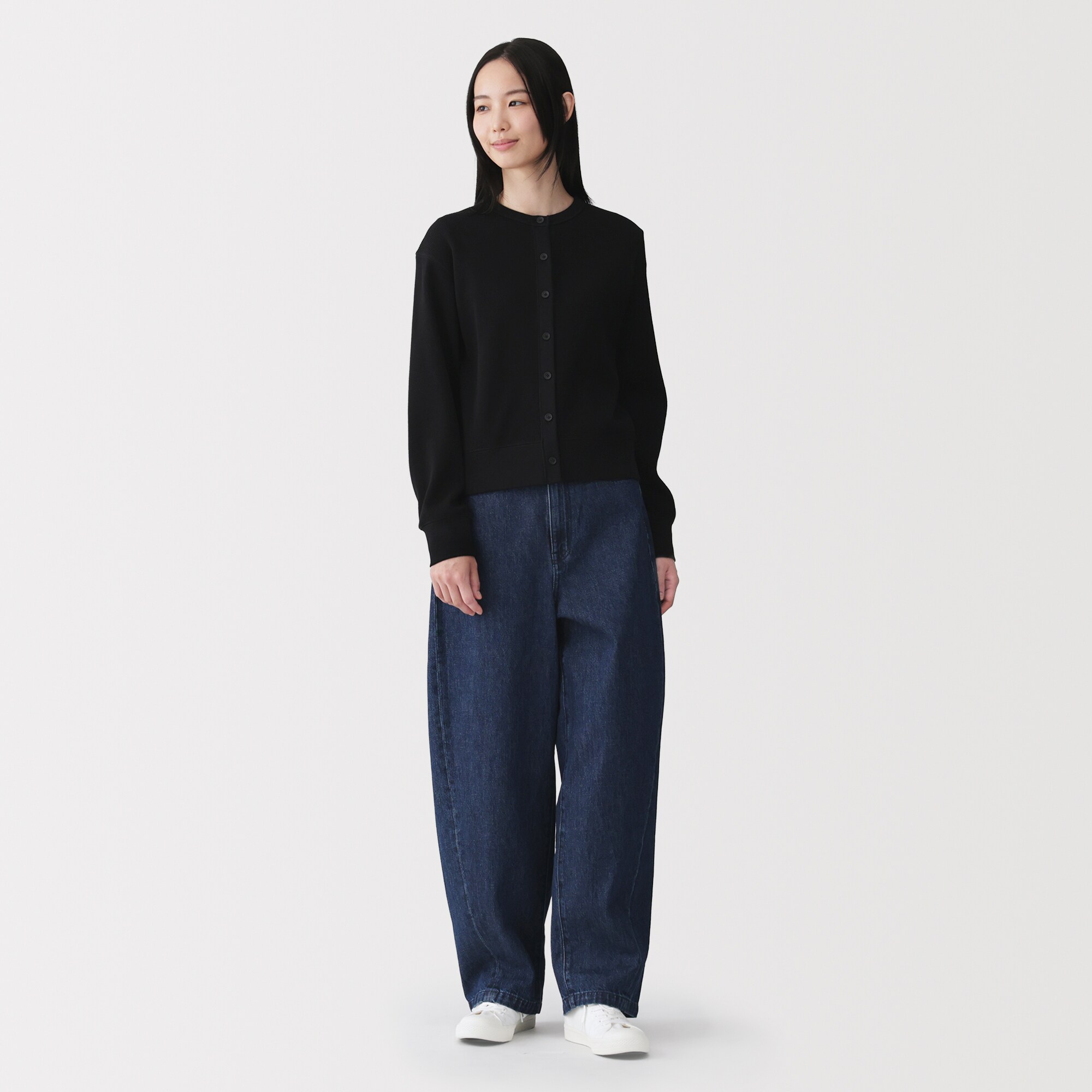 婦人　ワッフル編みクルーネック長袖カーディガン