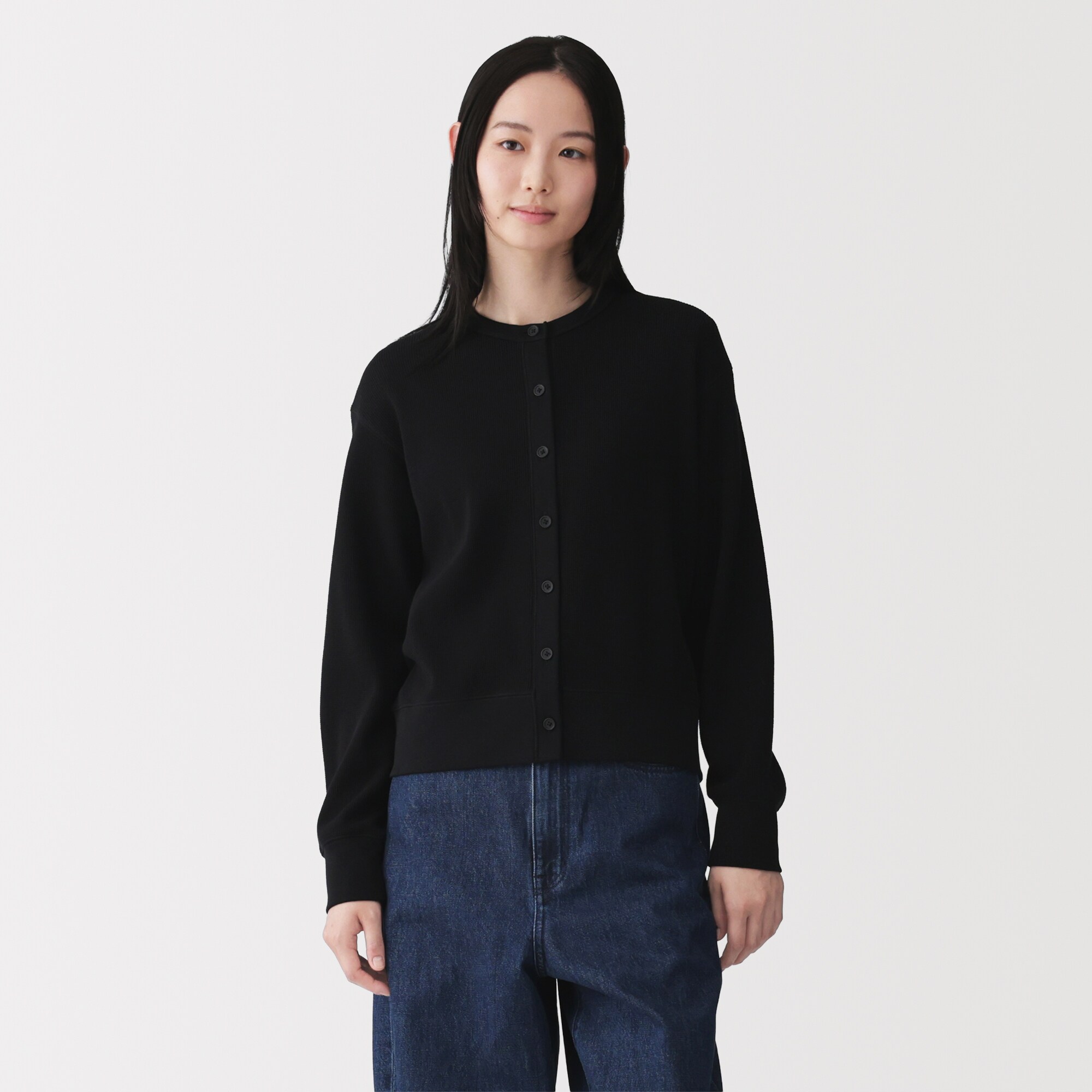 婦人　ワッフル編みクルーネック長袖カーディガン