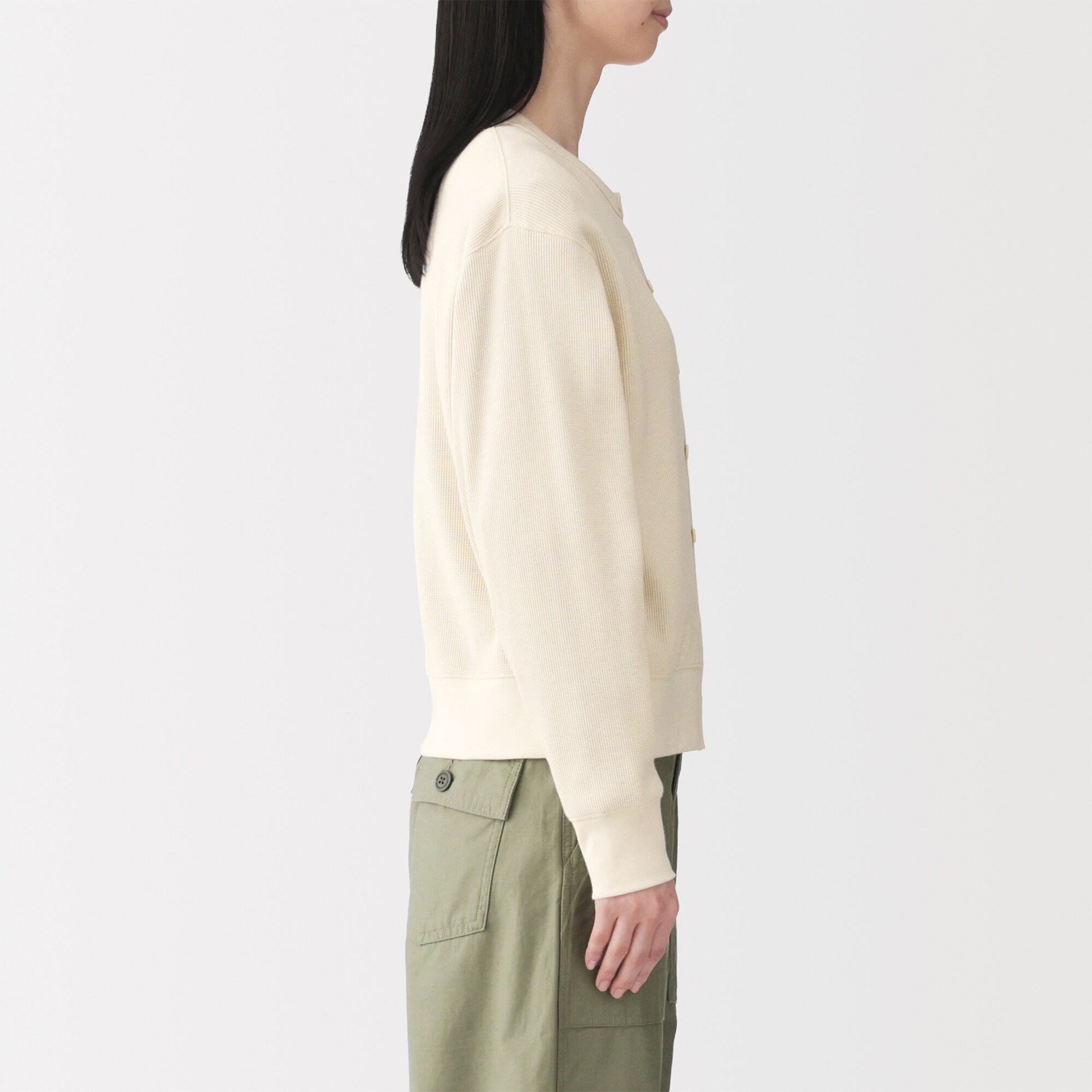 婦人　ワッフル編みクルーネック長袖カーディガン