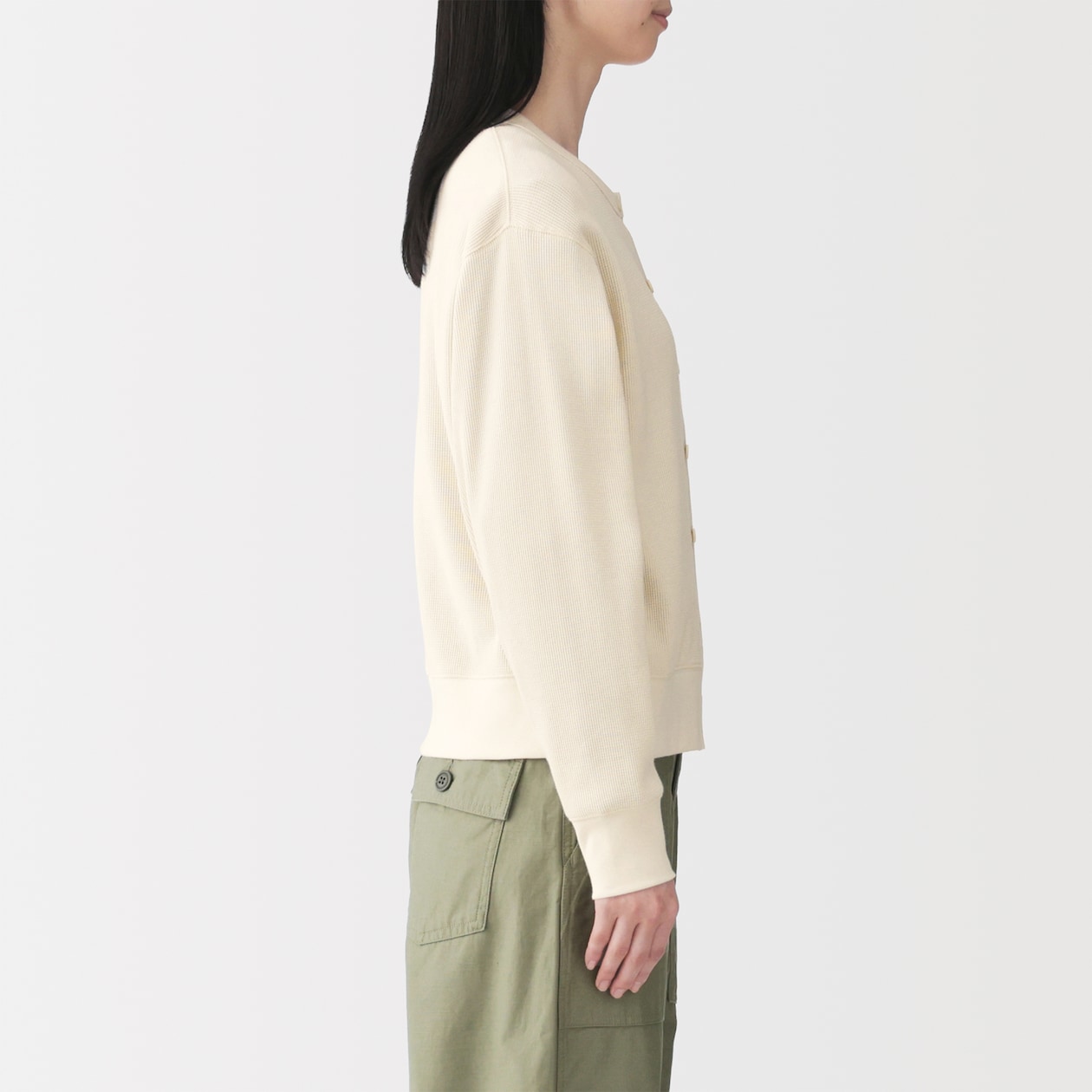 婦人　ワッフル編みクルーネック長袖カーディガン