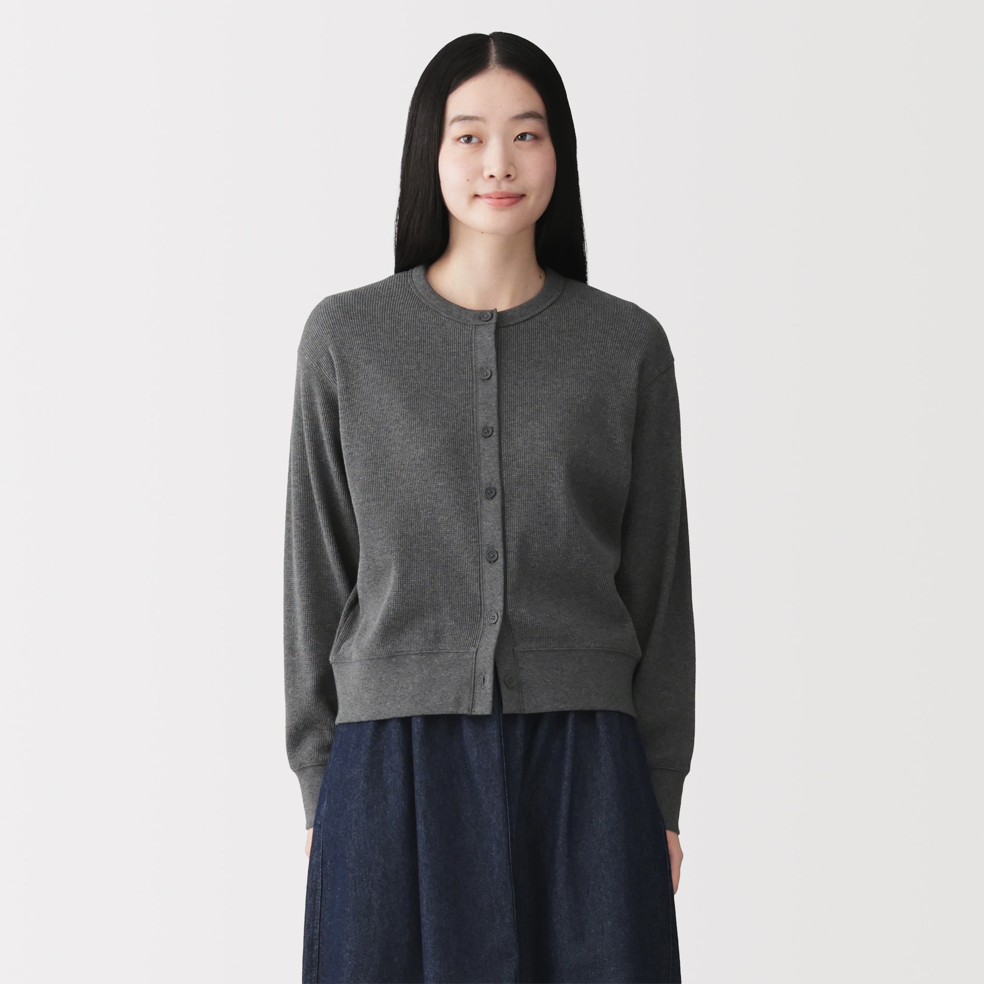 婦人　ワッフル編みクルーネック長袖カーディガン