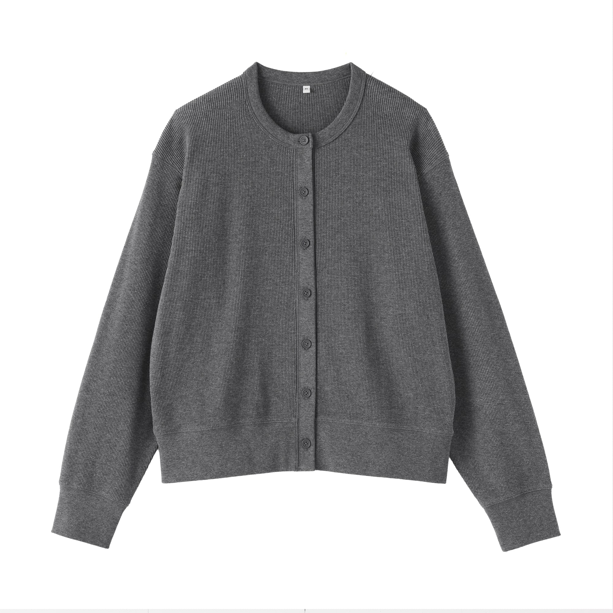 婦人　ワッフル編みクルーネック長袖カーディガン