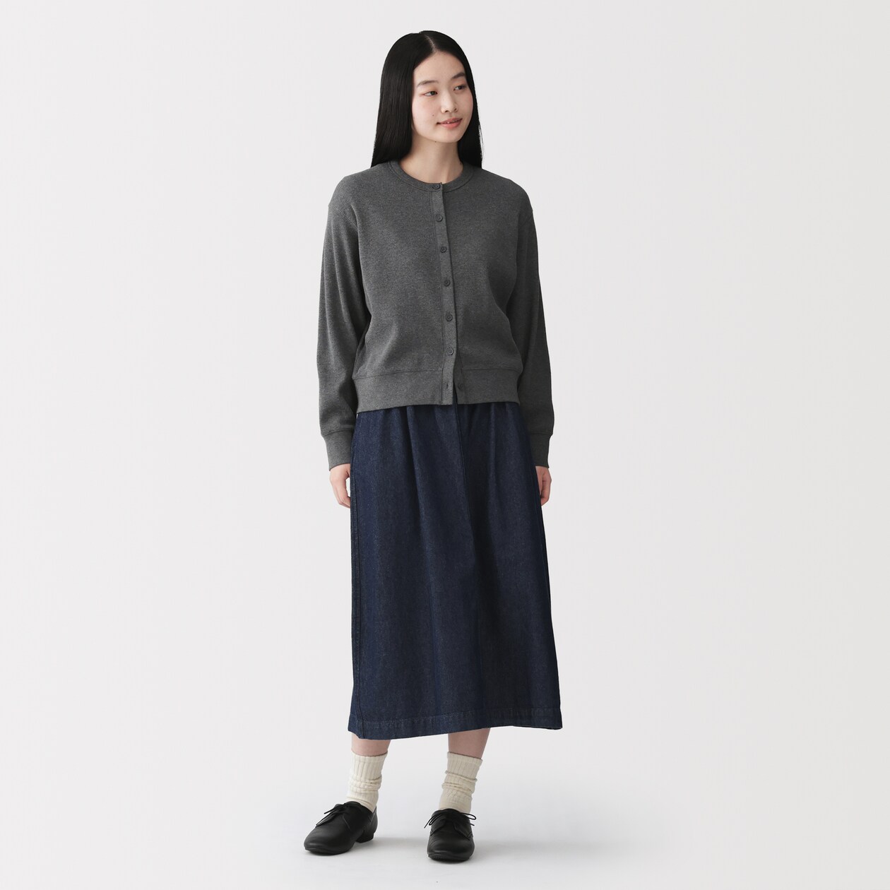 婦人　ワッフル編みクルーネック長袖カーディガン