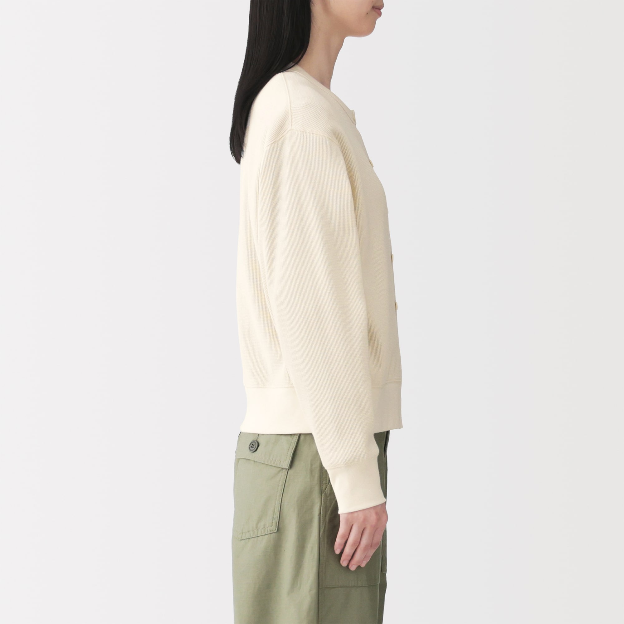 婦人　ワッフル編みクルーネック長袖カーディガン